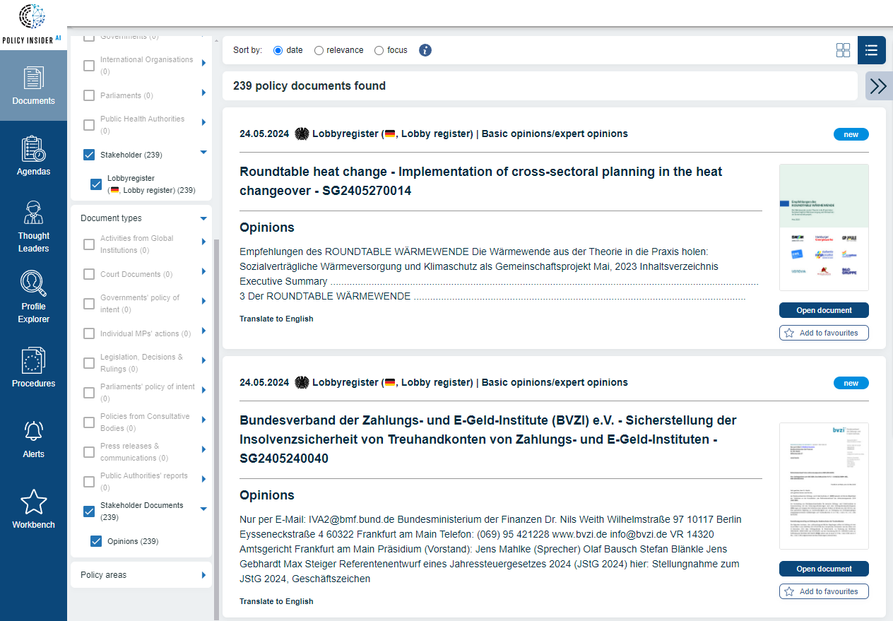 Stakeholder monitoring integrated in policy-insider.ai